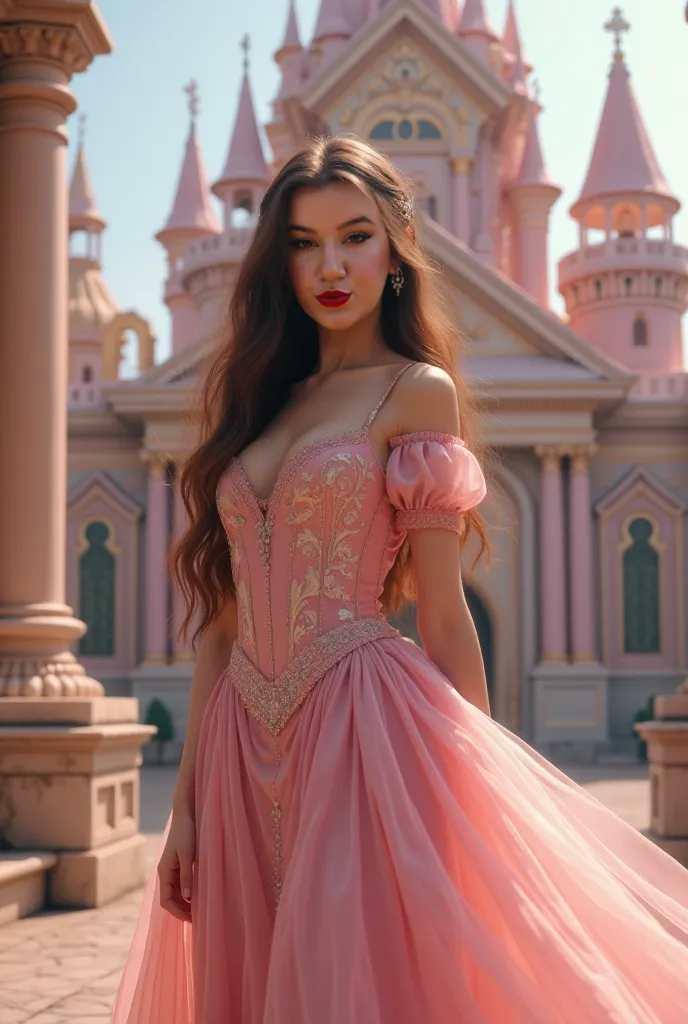 Beautiful queen straight brown hair pink dress in front of Castelo Rosa 