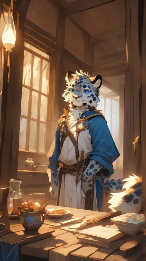 Male snow leopard, Magister, Sapphire Wand, Blue Eyes, Juvenile body type, Slim,  white shawl , Navy blue pattern, The interior of the wooden house, bright