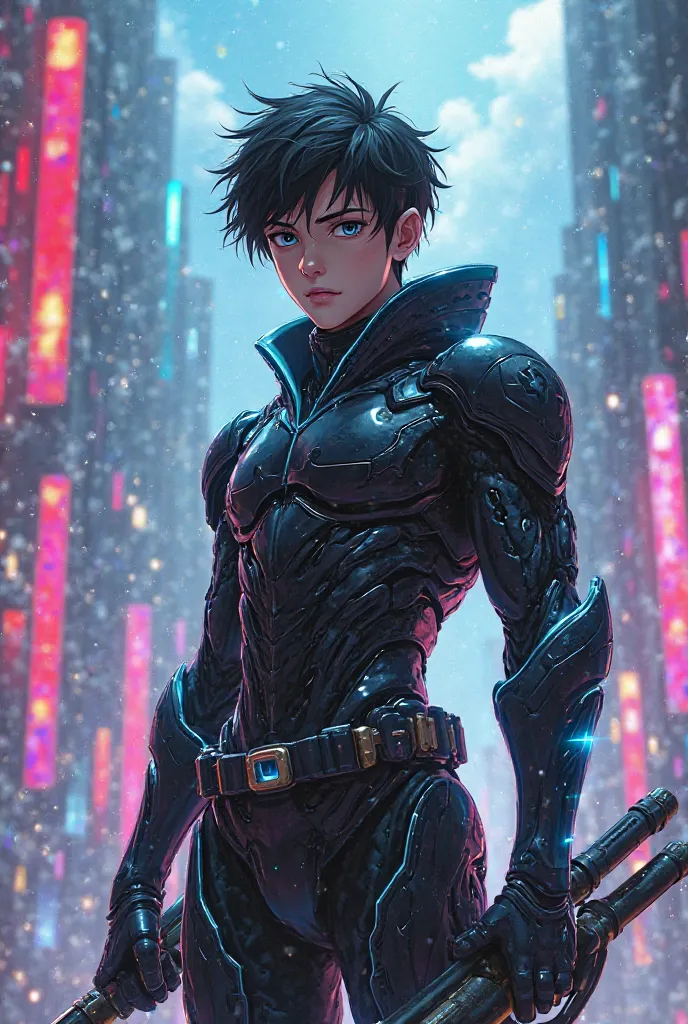 A futuristic anime boy warrior, wearing sleek black armor with 