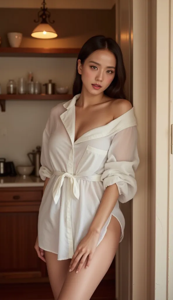 A beautiful woman, standing in the corner of the kitchen, use an oversize sleeping shirt in white, big boobs, red lips