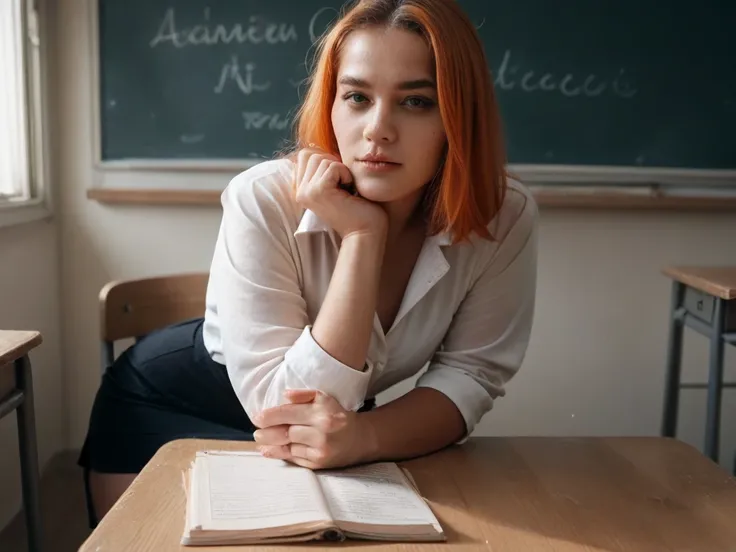 check_9, check_8, check_7, check_6, realistic, analog, Photo, expressive eyes, perfect face, orange hair, short skirt, white shirt, the teacher is sitting on a chair, classroom 