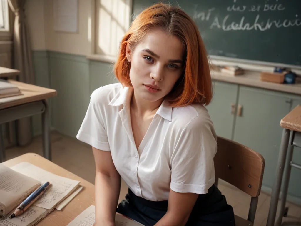 check_9, check_8, check_7, check_6, realistic, analog, Photo, expressive eyes, perfect face, orange hair, short skirt, white shirt, the teacher is sitting on a chair, classroom 