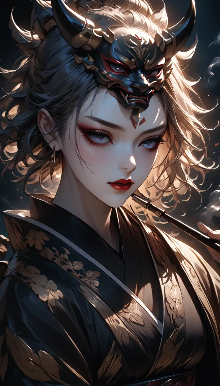 (best quality,4k,8k,highres,masterpiece:1.2),ultra-detailed,(realistic, photorealistic, photo-realistic), dramatic lighting, cinematic composition, melancholic, emotional, powerful, impactful, Beautiful female ogre, [[ultra detailed revealing kimono intric...