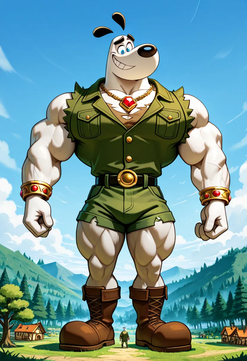 Giant muscular dudley puppy (T.U.F.F Puppy), white dog, cartoon 2d style, giant, macro size, full body, muscular body, village and forest background, Masterpiece, best quality, high quality, detailed, Dudley Puppy, male, solo male, 1boy, broad shoulders, m...