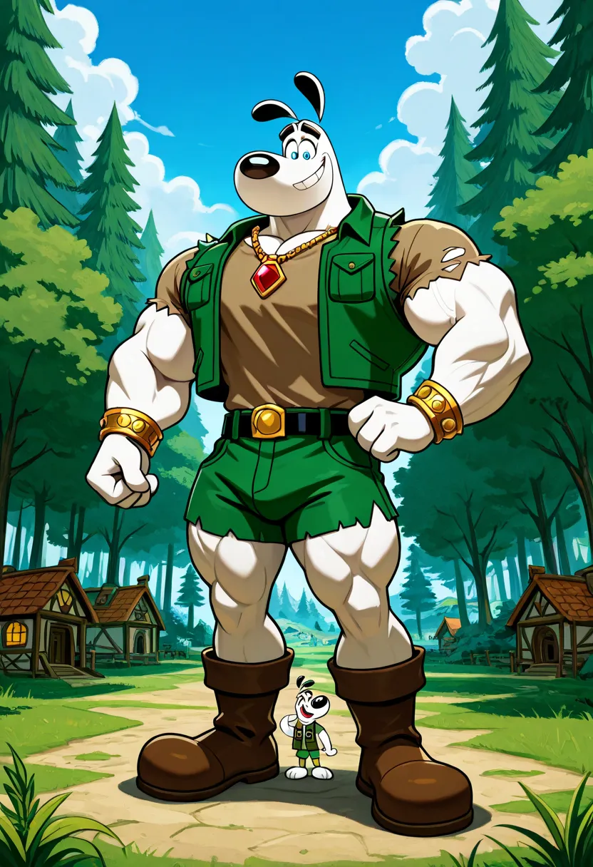 Giant muscular dudley puppy (T.U.F.F Puppy), white dog, cartoon 2d style, giant, macro size, full body, muscular body, village and forest background, Masterpiece, best quality, high quality, detailed, Dudley Puppy, male, solo male, 1boy, broad shoulders, m...