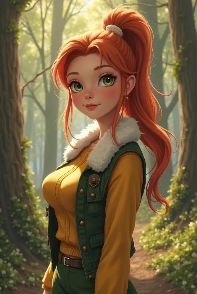 atmospheric perspective, (forest atmosphere, elaborate atmosphere:1.4), depth of field, looking at viewer, beautiful detailed eyes, 1girl, (portrait, close-up:1.2), mature woman, (huge breasts:1.2), warm smile, robin, ponytail, orange hair, green eyes, yel...