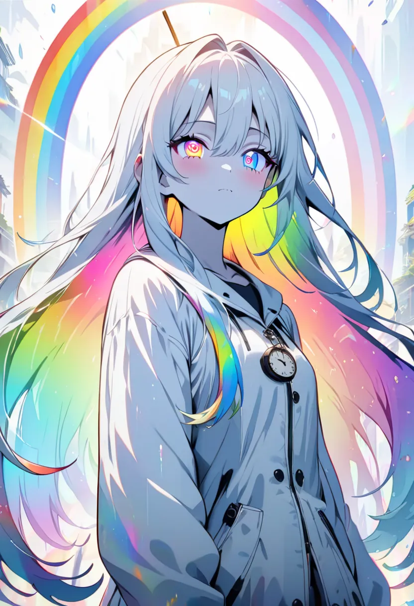 [(WHITE BACKGROUND:1.5)], ((masterpiece)), high quality, ((solo)), ((1 younger girl)), (white color long hair), (rainbow color eye), bright skin, white parka, upper body, ((anime style)), (clock rainbow effect:1.3),