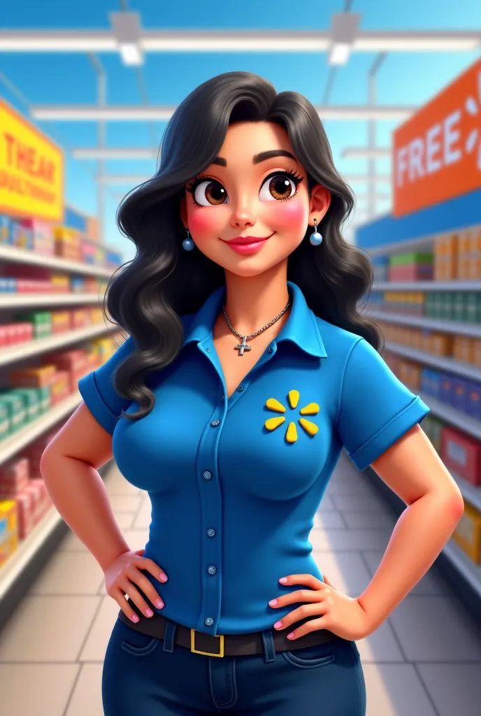 Animated character of 28 year old curvaceous woman of 1 meter 55 70 kg of weight pale white complexion and big cheeks brown eyes pretty black hair dressed as walmart workers