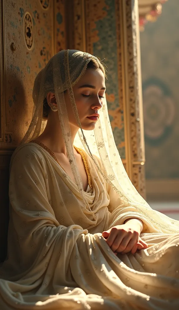 A young veiled woman lying on the ground in the Holy Shrine 