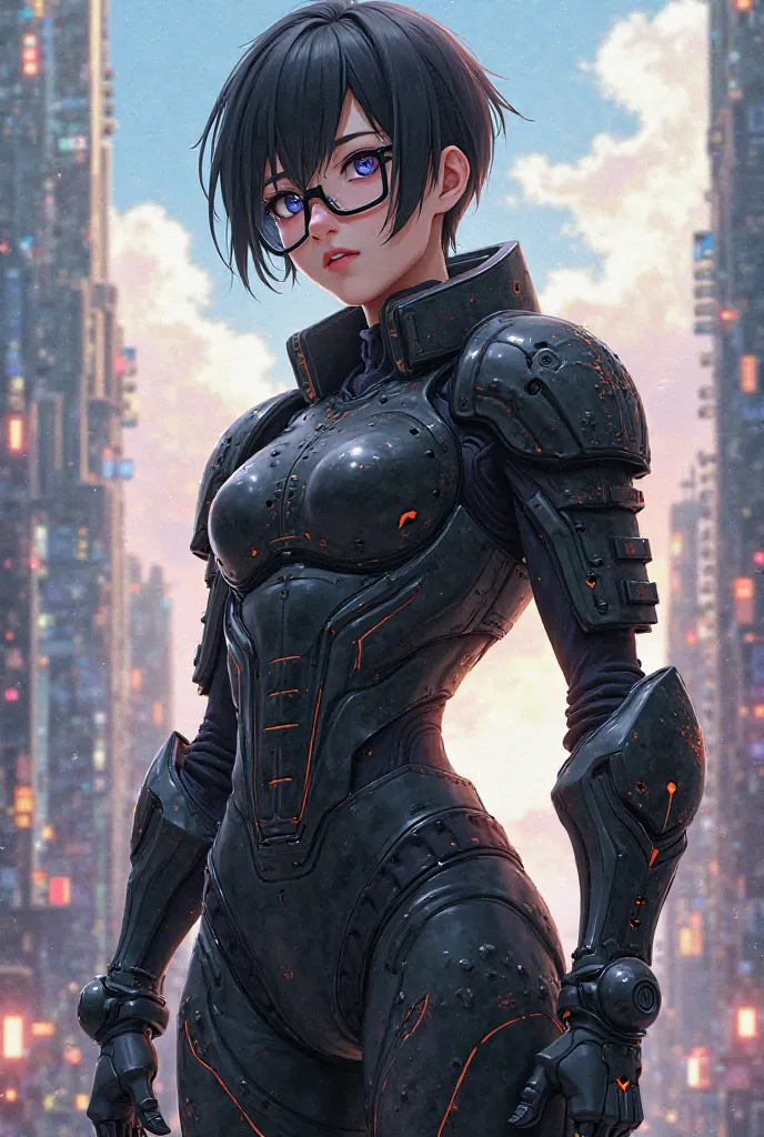 A futuristic anime boy warrior, wearing sleek black armor with black glasses 