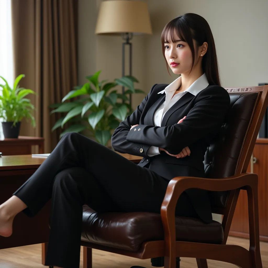 beautiful japanese female boss, reprimanding uncle's subordinates, legs on desk, arms crossed, devilish manner, detailed facial features, elegant business attire, stern expression, 8k, high resolution, photorealistic, japanese office interior, wooden furni...