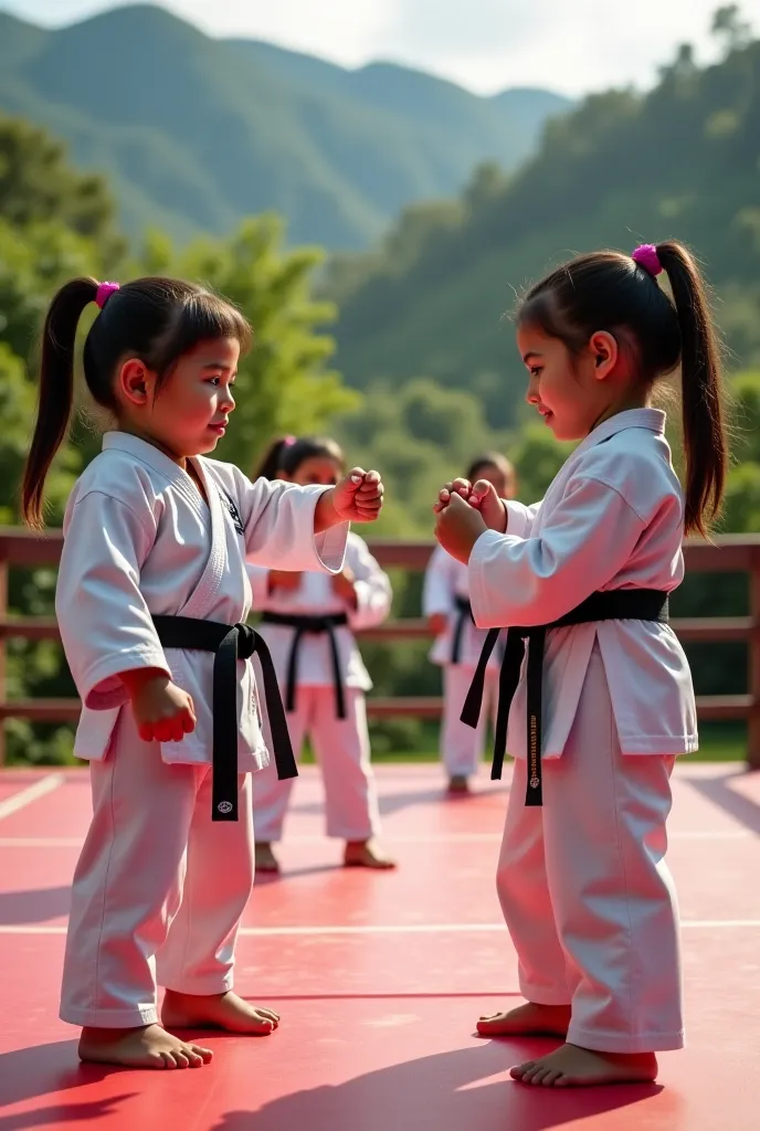 Girls training karate with gloves and their mothers supporting them in Ecuador