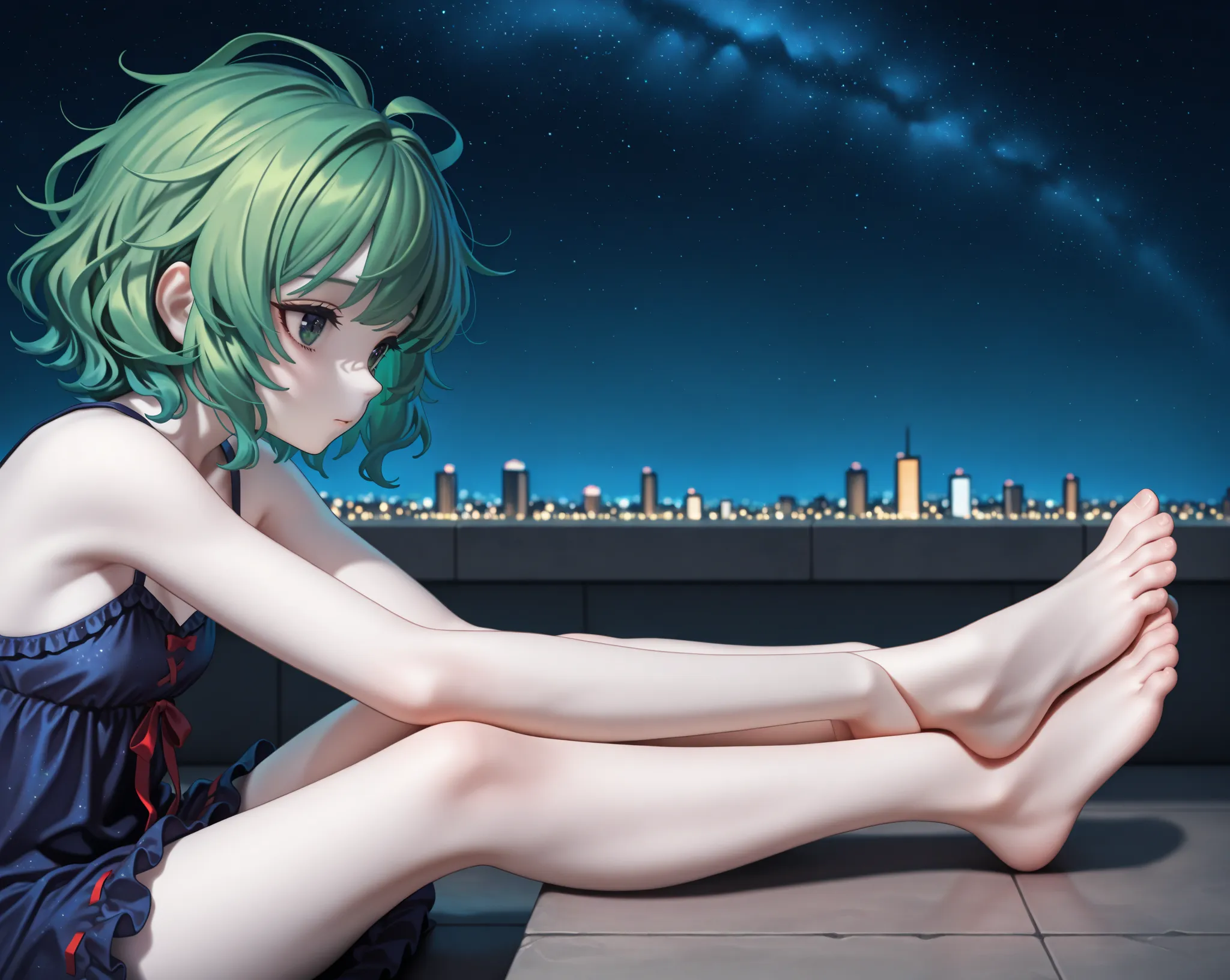 Girl sitting on the edge of the terrace, feet close-up, background is the starry sky and city lights, side view, calm and melancholy, eyes downcast, black shoulder-length hair, messy hair, dark green eyes, pale skin, dark blue nightgown, tulle texture, bar...