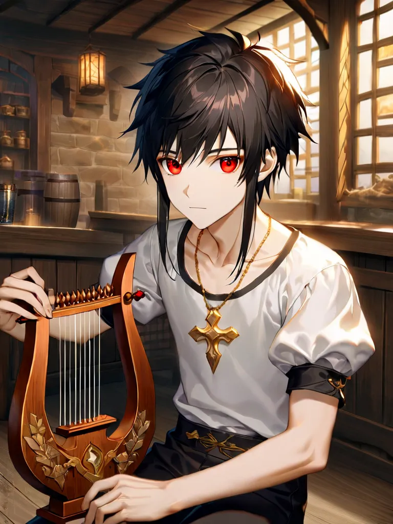 1 boy, twink, red eyes, long eyelashes,slender dainty body, medium black hair with pink streak, bangs, sidelocks, fair skin, white shirt with puffy sleeves, collarbones, black tight pants, cute, idealistic, sitting, golden holy necklace, holding a lyre, ta...