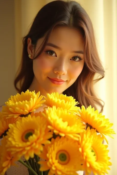 Evelyn Ospina with a bouquet of yellow flowers 