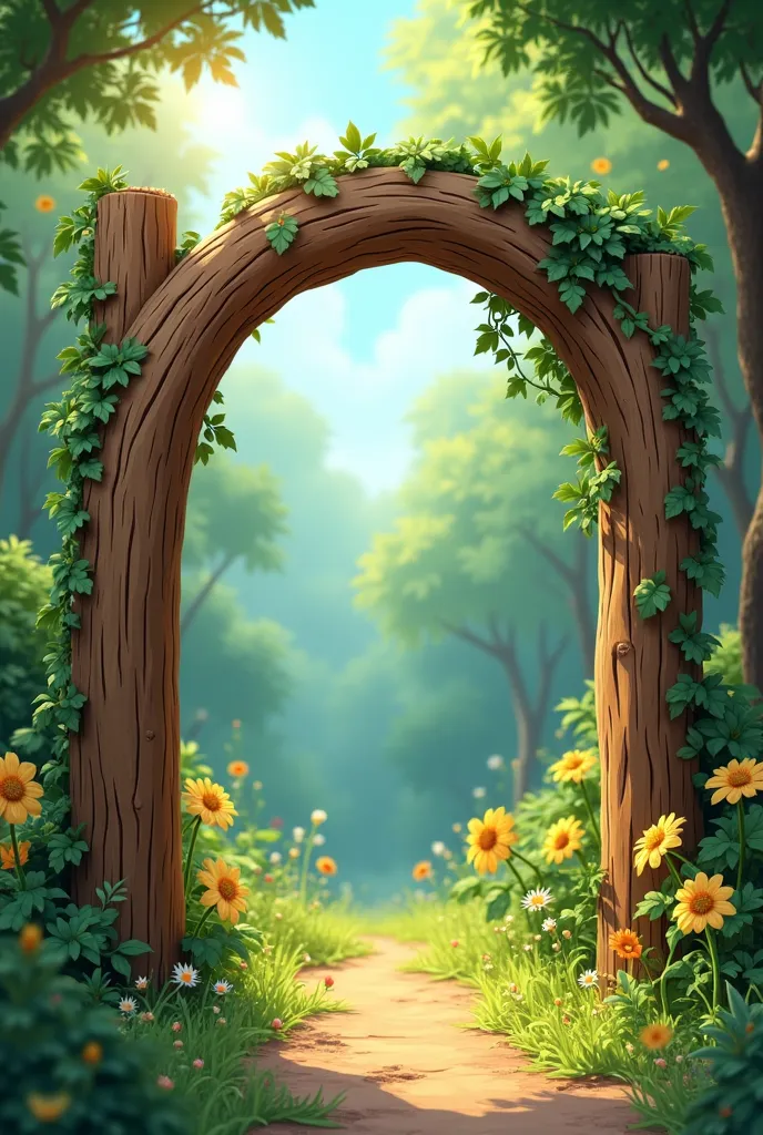 nature vibes wooden tree arch frame with drawing cartoonic 