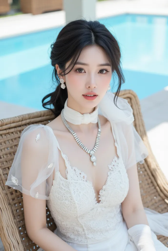 (Super detailed body, super detailed face, best quality: 1.2), beautiful Korean female model upper body, looking at the viewer, (wearing a translucent white silk scarf around her neck, wearing a luxurious traditional dress of Arab women with white embroide...