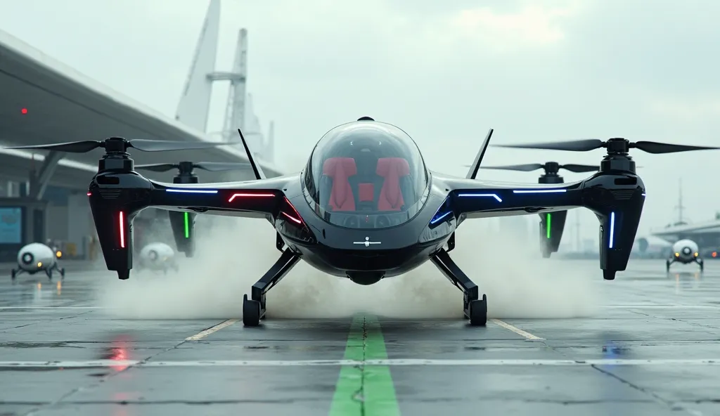 A futuristic eVTOL aircraft is in the process of vertical takeoff from a modern landing pad. The sleek, aerodynamic body is black with reflective surfaces, and the cockpit canopy is made of transparent glass, showing two red seats inside. The aircraft has ...