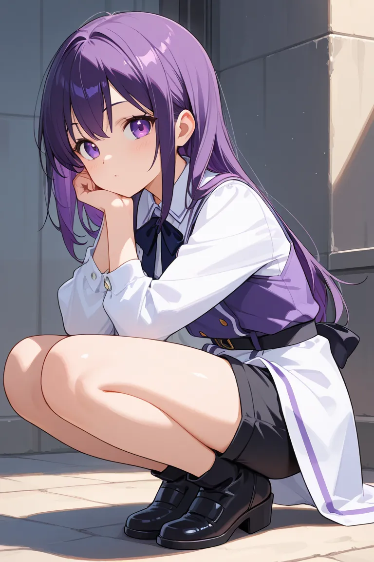 Anime girl with purple hair and black shorts posing,  beautiful anime girl crouching , leaning, sfw version