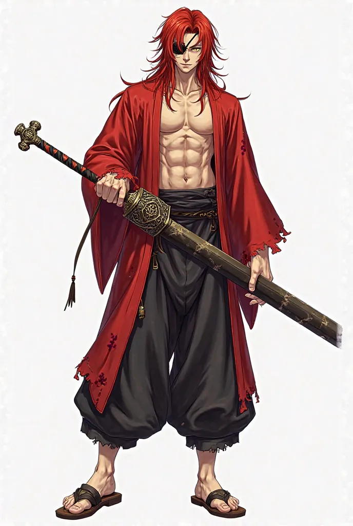 A tall young man, with yellow eyes and long red hair. he uses a eyepatch in his right eye, a sadistic and mocked smile making a pose, Don't wear the red kimono sleeve on the left side that reveals your muscular and defined body, And the kimono is torn and ...