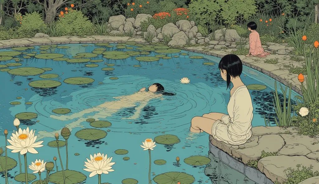 fisheye lens、viewers next to him、Monet's Painting of a High School Girl in a Swimsuit Going Through Monet's Pond、Quint Buchholz Depicting a High School Girl in a Swimsuit at a Water Lily Pond, Tumbler, conceptual art, High School Girl in a Swimsuit Swimmin...