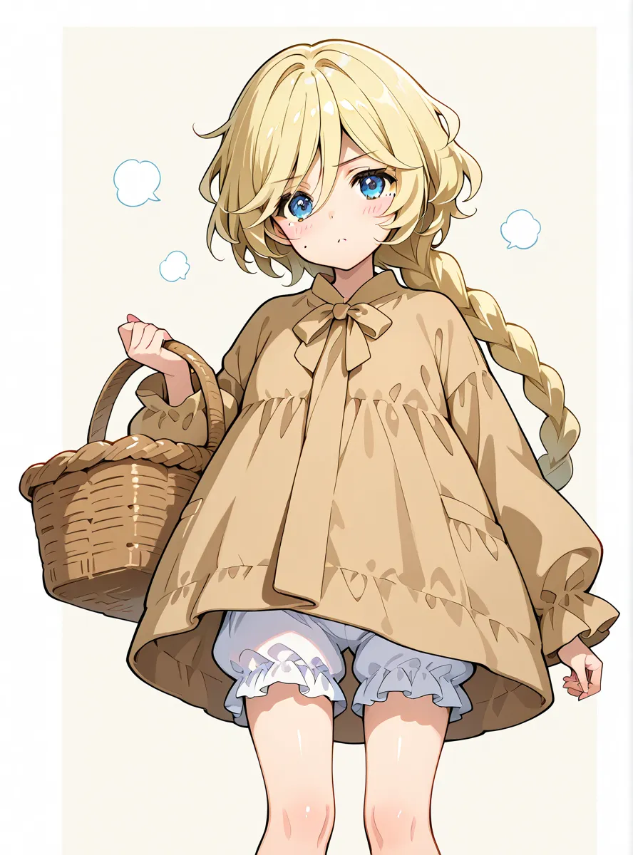 carolcasual, blonde hair, braid, mole, blue eyes, shiny hair, braided ponytail , basket uniform, bloomers, basket coat