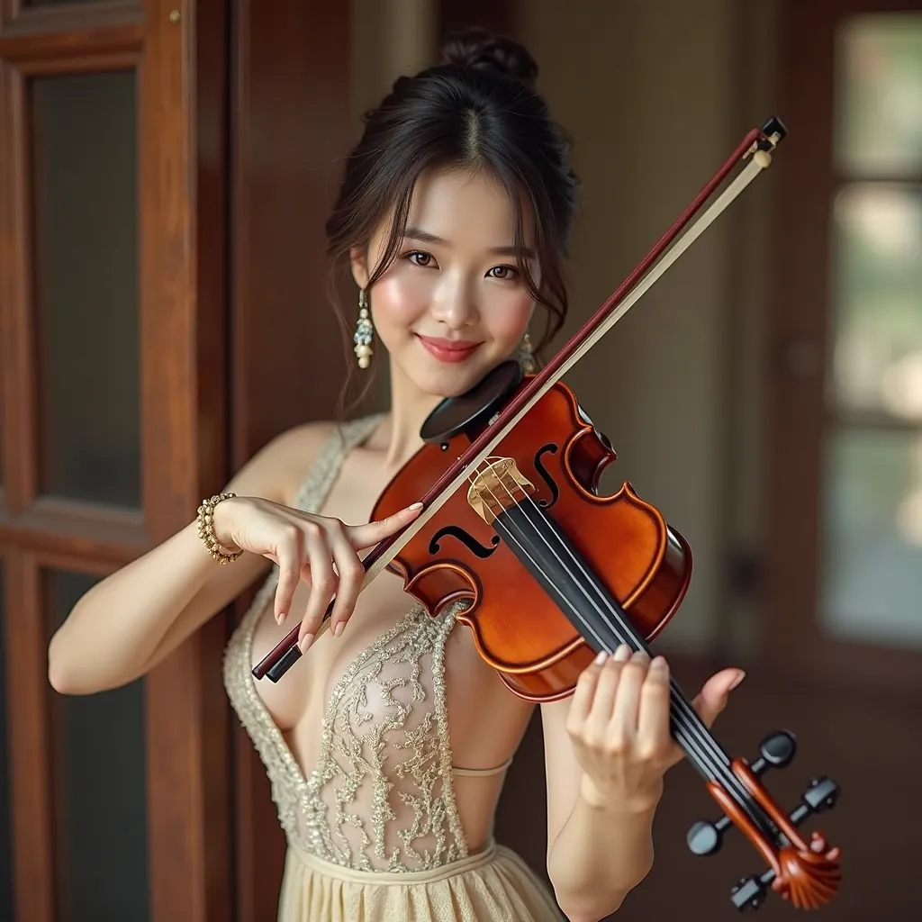 Create an image of a Realistic Asian woman playing the Violin 🎻,Its appearance is slender and beautiful,Make her smile at the camera,Make her breasts a little big to make her more attractive and beautiful ,Make her dressed in a beautiful and elegant outfit