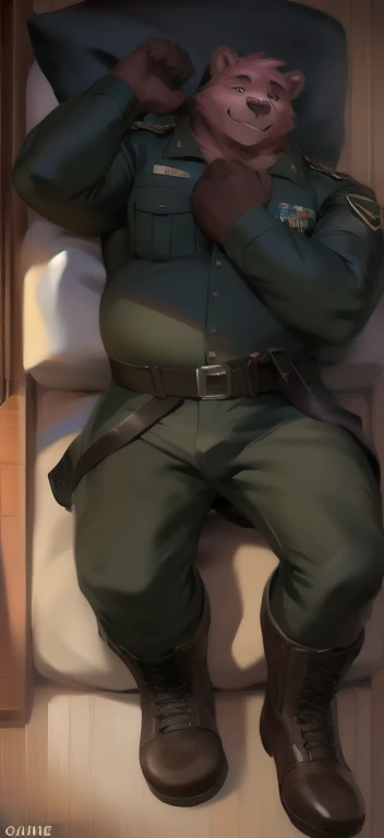  alone,  man big tall , Lying on the floor,The room is endlessly empty., pink bear  ,black Green military Army uniform ,  Wearing Boots ,  Overweight ,  Muscle ,  smiley , by chunie 