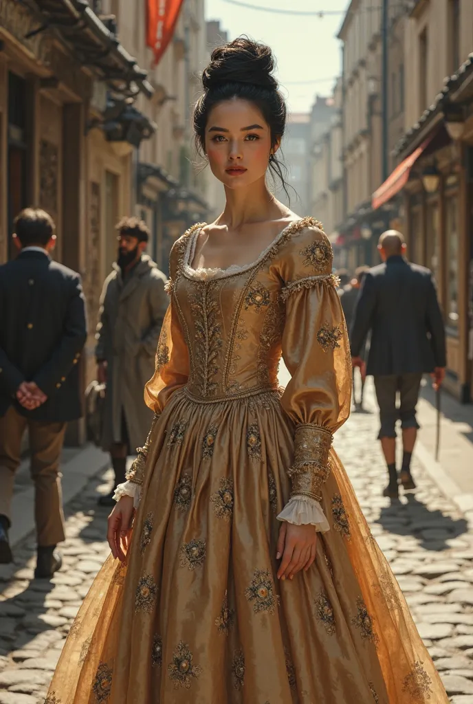 A very beautiful fifteenth century lady, with black hair tied in a bun, full body, walking down a London street. 32k resolution, best quality.