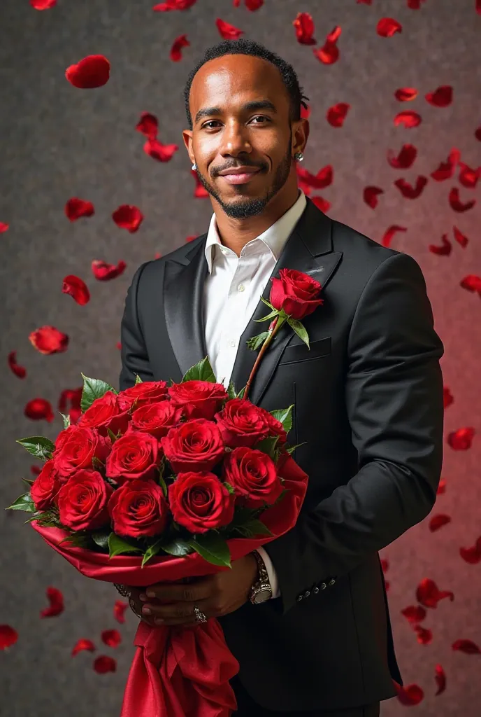 Make Lewis Hamilton ,of a Formula 1 racer. Try to make it in a suit, Lewis must stand straight and hold out a huge bouquet of roses forward, rose petals must fall behind him, and there should be " Happy March 8th, my beloved Eliza" The inscription must be