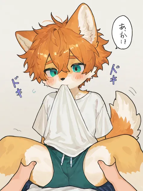   source_ furry, hadrian , furry male， elementary school students，((boy   )),  Dog boy  ，short hair,masterpiece, newest,absurdres, incredibly absurdres, messy hair, cute anthro, Alone，white shirt， A boy  knelt beside the boy , grabbing another's thigh, men...