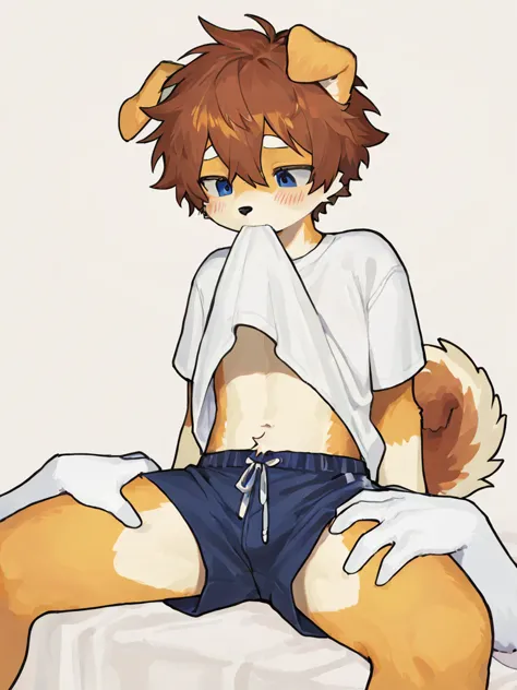   source_ furry, hadrian , furry male， elementary school students，((boy   )),  Dog boy  ，short hair,masterpiece, newest,absurdres, incredibly absurdres, messy hair, cute anthro, Alone，white shirt， A boy  knelt beside the boy , grabbing another's thigh, men...