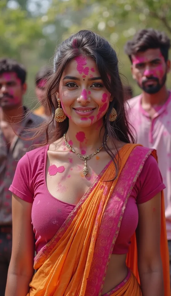 Sexy indian bhabhi, aunty 35 years old, in holi, cute looks, holi colours on the saree and bodies, bigg breasts, open cleavage, in the garden, surrounded by men full hd altra images,