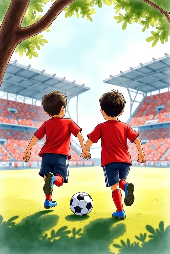 Watercolor drawing, Of Two Brothers, Ages 5 and , by the branch, straight and dark hair, playing soccer wearing a red and black uniform at a soccer stadium 