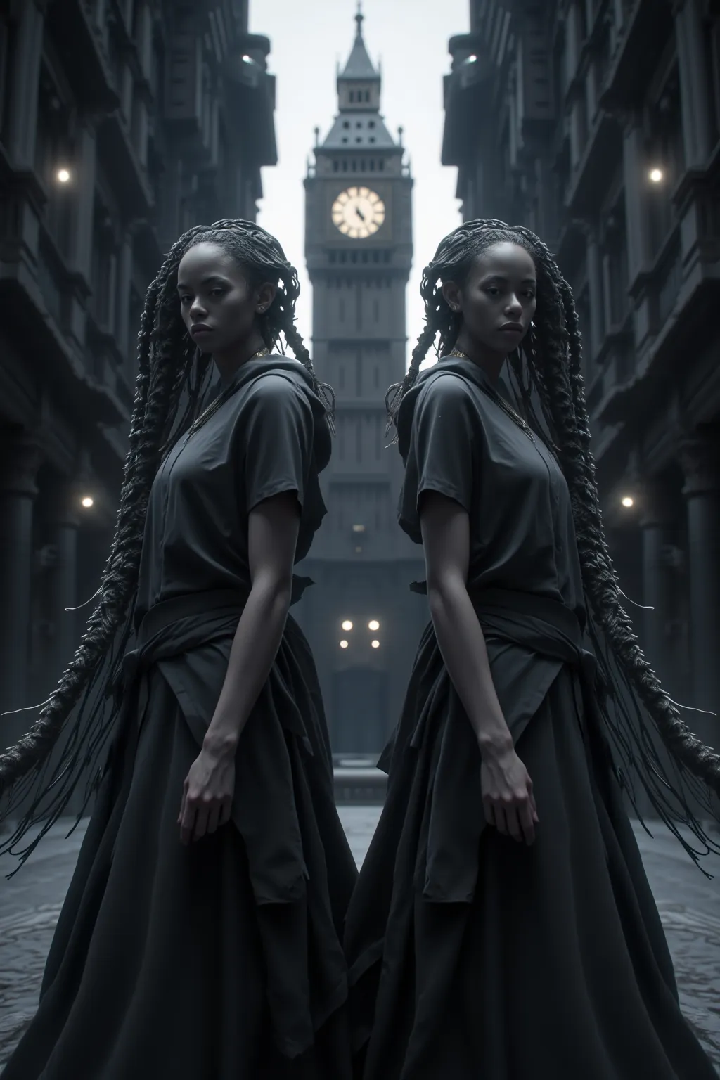 very beautiful woman　 two women　 twins　expressionless　braid side　in a dark building　Clock Tower　masterpiece, Top Quality,  great quality,   latest,  Super Detail, very detailed