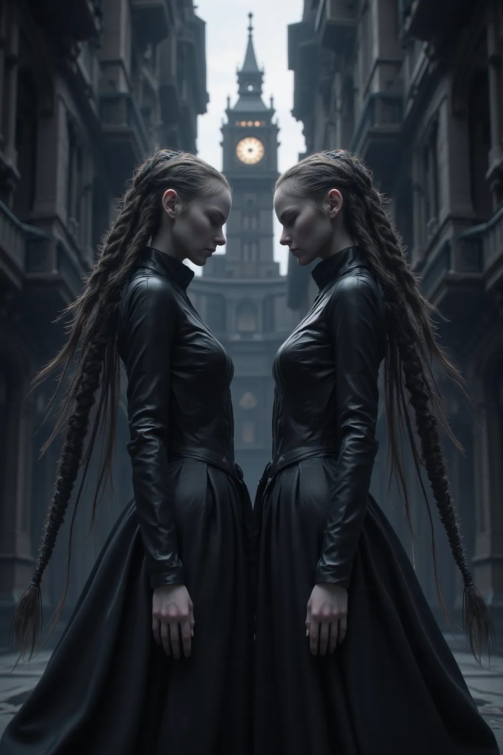 very beautiful woman　 two women　 twins　expressionless　braid side　in a dark building　Clock Tower　masterpiece, Top Quality,  great quality,   latest,  Super Detail, very detailed