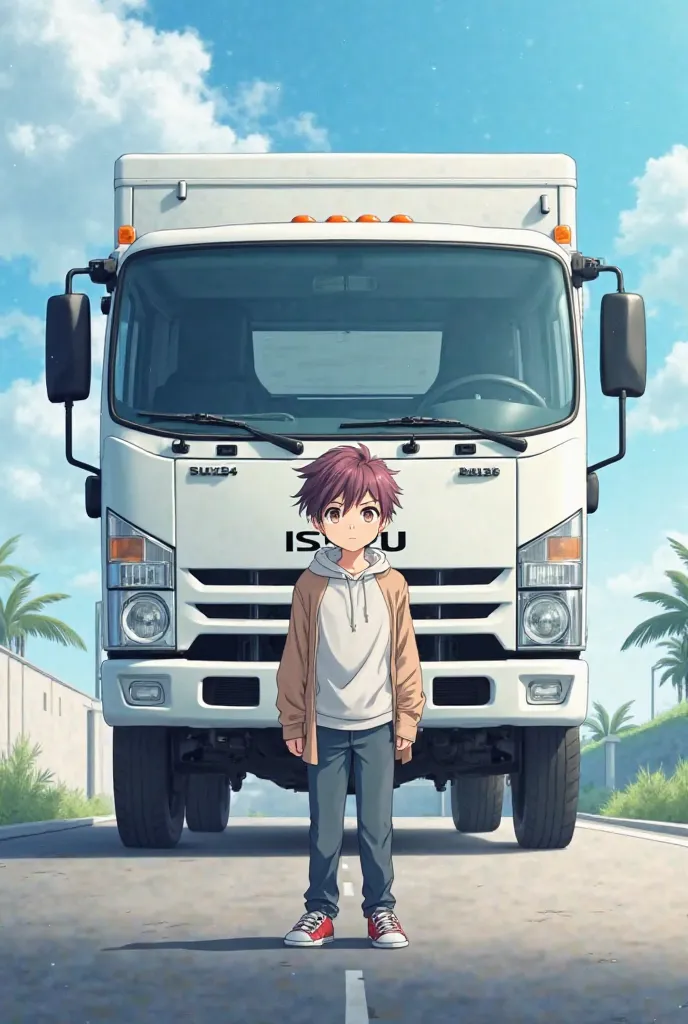 Anime boy stand in front of white  izusu lorry with a 272248 number plate 