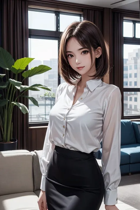 (masterpiece, high quality, high resolution:1.2), 1girl, portrait, straight bob hair, very detailed, radiant skin glow, natural face lighting, beautiful breasts, wearing a white blouse, a fitted pencil skirt, office lounge with cozy sofas, indoor plants, s...