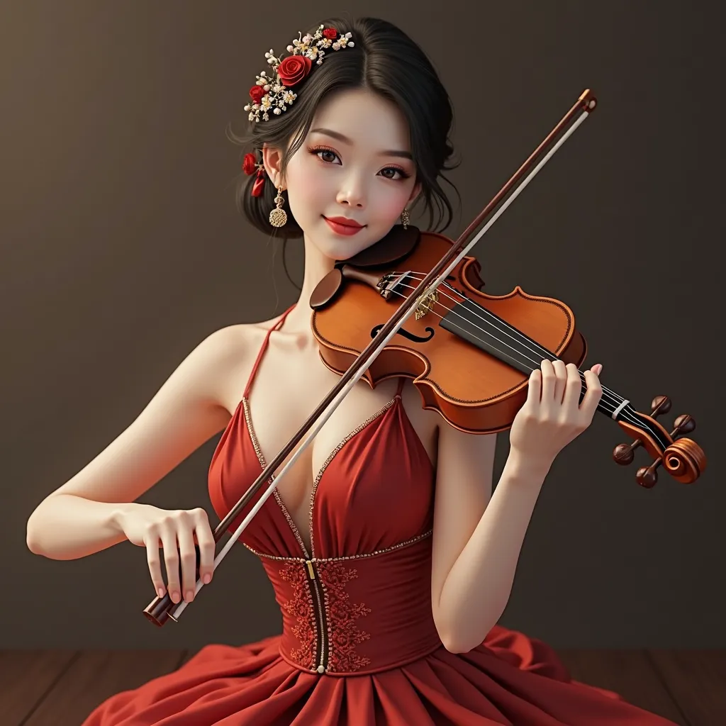 Create an image of a Realistic Asian woman playing the Violin 🎻,Its appearance is slender and beautiful,Make her smile at the camera,Make her breasts a little big to make her more attractive and beautiful ,Make her dressed in a beautiful and elegant outfit