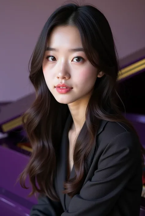 Beautiful Korean girl is sitting near beautiful purple piano in the back room 
. Face shape: oval, with gentle, harmonious features.
Eyes: Large, slightly almond-shaped, with a tful look (gray-brown, which adds to her mystery).
Eyebrows: natural, gently ar...