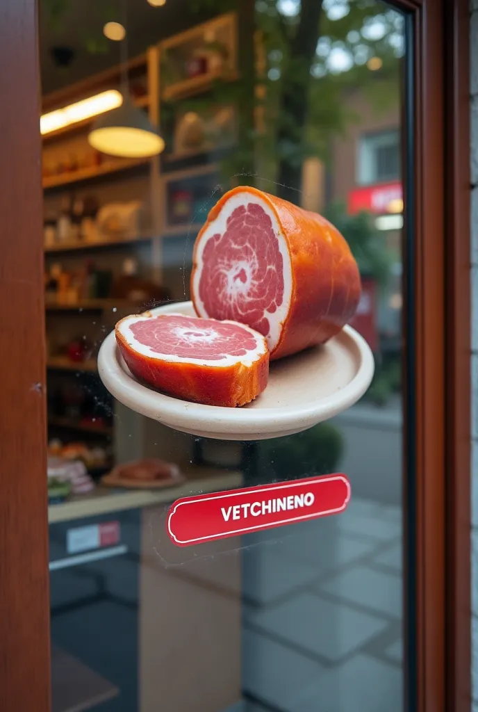 Fiberglass shop door.  On the door , on the glass itself there is an image of a sliced appetizing piece of ham and the focus is on a rectangular horizontal plate with the inscription VETCHINENO. ()it is an integral part of the photo). Shot with Canon C200.