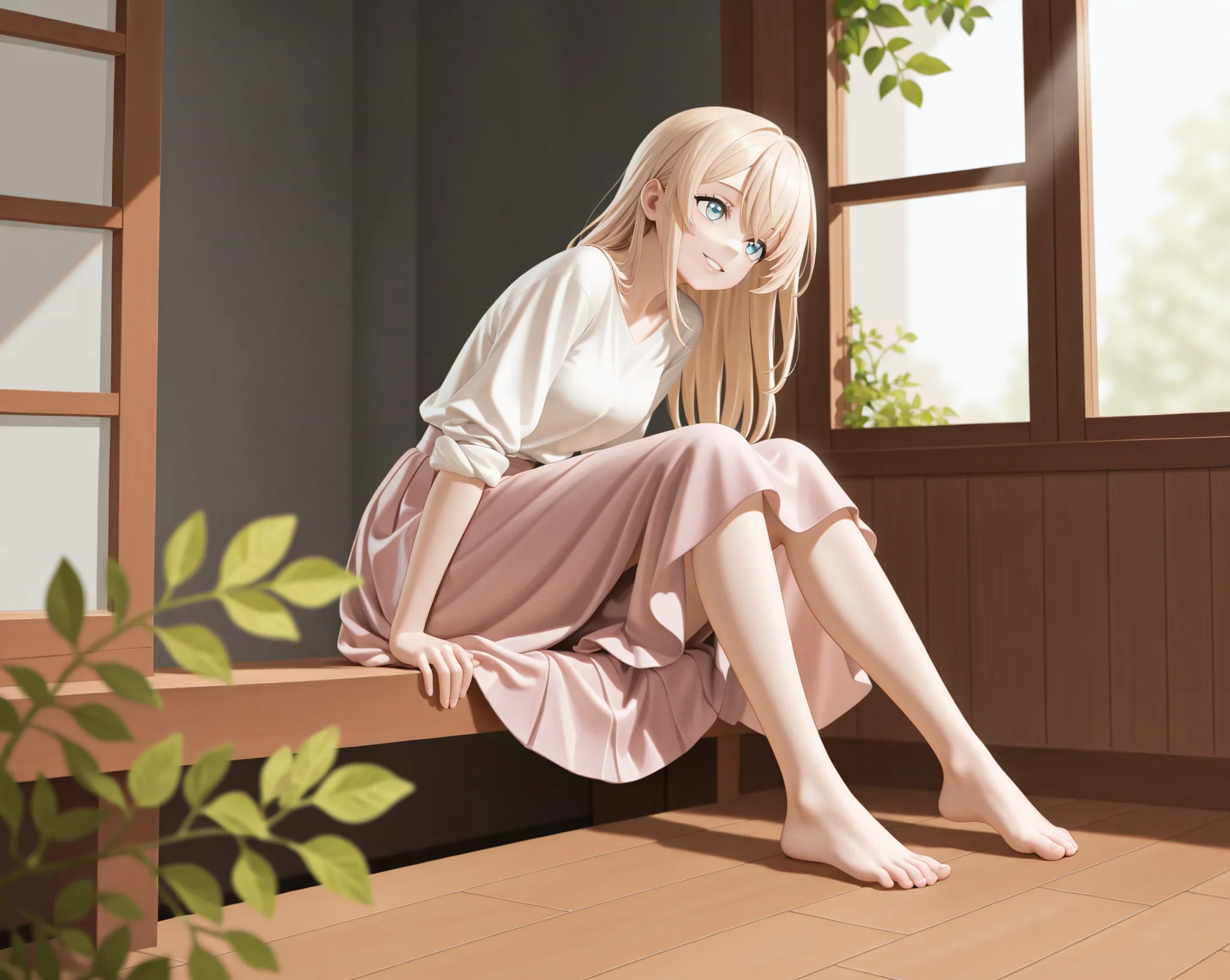 The girl is sitting in the foreground, with a close-up of her feet occupying the lower half of the picture. The background is the wooden floor with sunlight and the greenery outside the window. She is looking up, smiling in a relaxed manner, with her lips ...