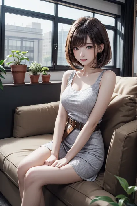 (masterpiece, high quality, high resolution:1.2), 1girl, portrait, straight bob hair, very detailed, radiant skin glow, natural face lighting, beautiful breasts, wearing a knee-length dress with a waist belt, office lounge with cozy sofas, indoor plants, s...