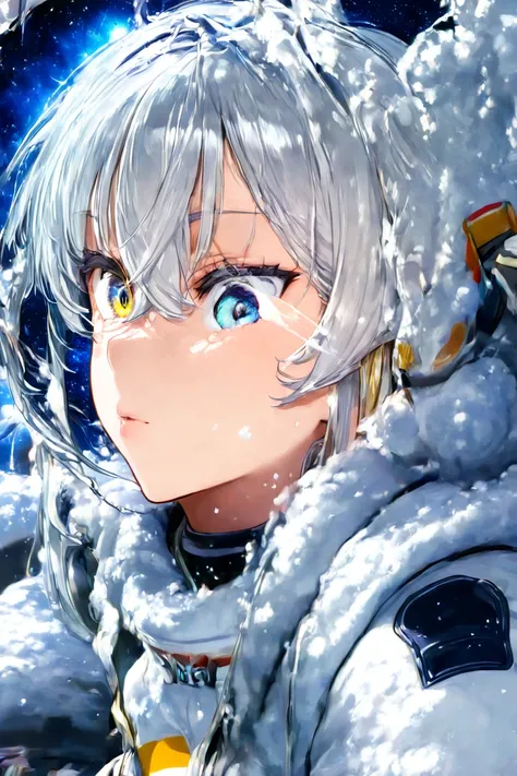 close-up of a better masterpiece:1.5)0.9], ( Space and Astronauts:1.2) (Scattered silver hair:1.1) ( heterochromia yellow and blue eyes:1.2) (space helmet:1.0) (Colorful stars in the snow:1.0) (Shining brilliance:1.1) (thick lips:0.9)