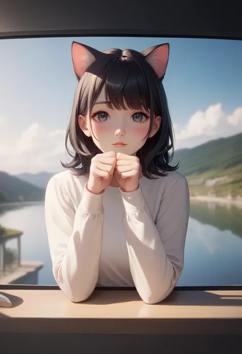 solo, 1girl\(((Supermodel)),cat girl with hearing,blush, black hair, cute pose,, beautiful eyes , Straight bangs , Facing forward , Medium Hair ,ultra cute, BREAK .quality\(,masterpiece, high score, great score, very aesthetic, high resolution, ultra-detai...