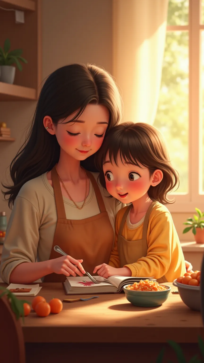 Picture of real people A  girl(increase) and your mother, Dona Ilga cooking together or reading to her daughter. The atmosphere is warm, transmitting complicity and family love.