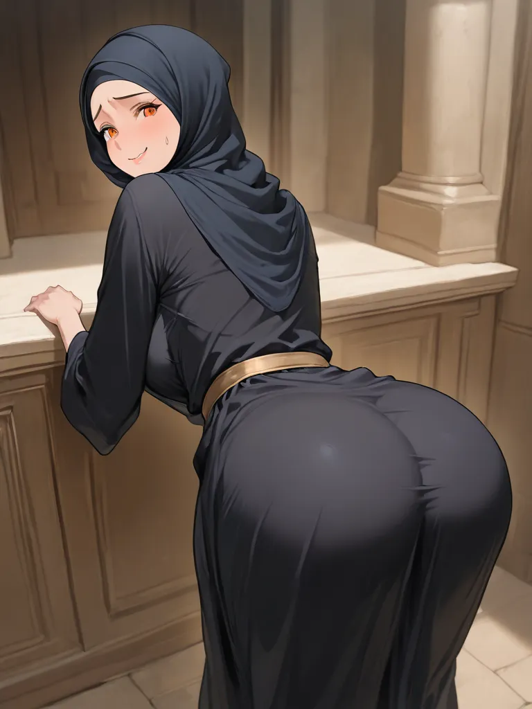 1girl, adult, Muslim Woman, orange eyes, breasts, looking Butt, round Butt, bent over, nervous smile, long robe, black robe, hijab black, dress