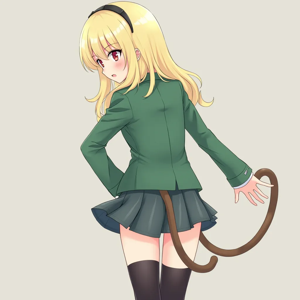 A girl with a monkey's tail、 green blazer、high school girl、short skirts、absolute region with to、black stockings、long blonde hair、red eyes、black knee socks、back view、looking back、full body、 thighs、The tail is sticking out of the skirt