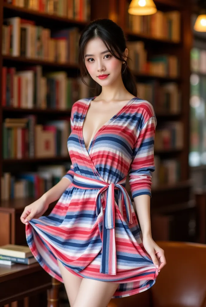 The image features a young woman with fair skin and dark hair styled in a loose updo, standing in a well-lit library or bookstore. She is wearing a stylish wrap dress with red, white, and blue horizontal stripes. The dress has a deep V-neck, three-quarter ...