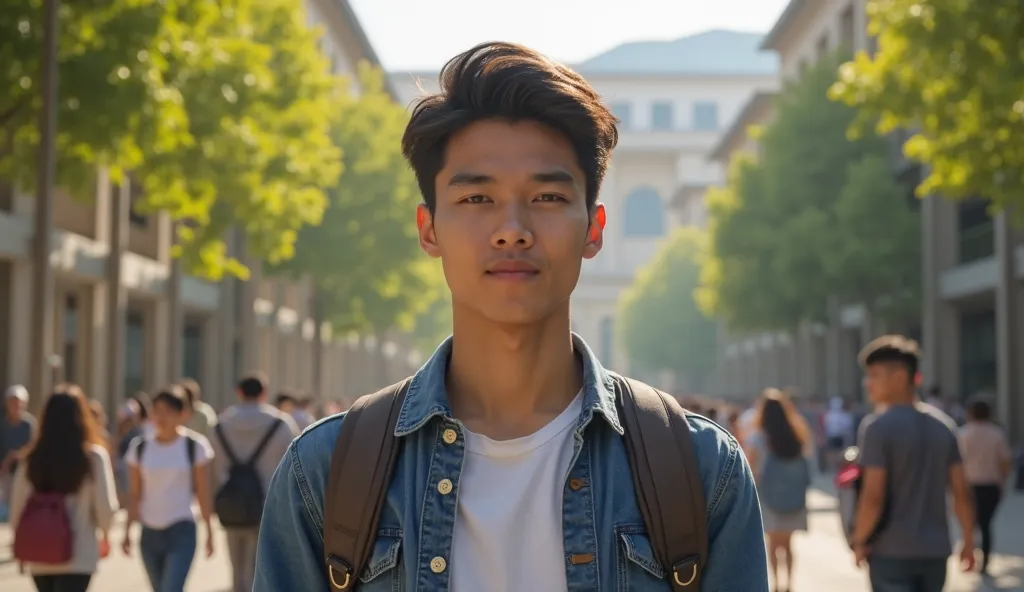 "A highly realistic, ultra-detailed 4K image of a handsome 27-year-old Indonesian man standing confidently in front of a university campus during daytime. He is wearing casual yet stylish clothing and carrying a backpack over one shoulder. The background i...